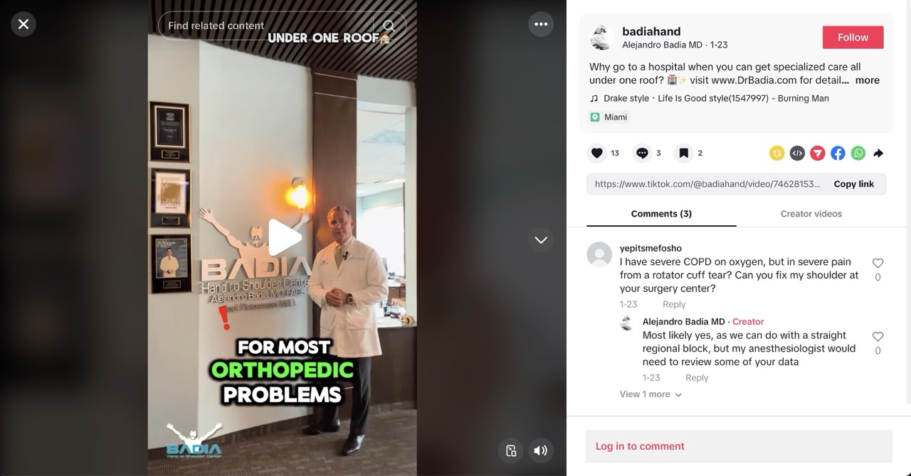 Dr Badia on TikTok discussing Medical Tourism in Miami